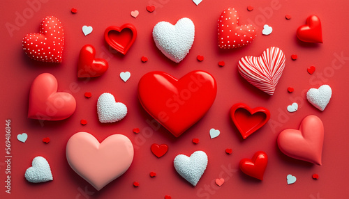 A Valentine's Day background provides the setting for a flat lay style greeting composition that showcases an assembly of red hearts.