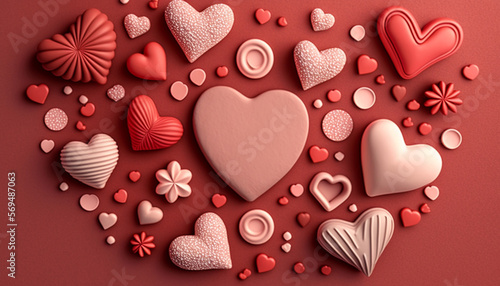 A flat lay style greeting composition featuring an assortment of red hearts is set against a Valentine's Day background.
