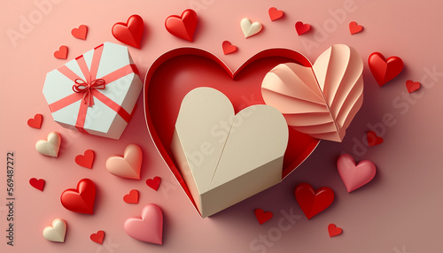 A Valentine's Day background is the setting for a flat lay style greeting composition that displays a gift box and numerous red hearts.