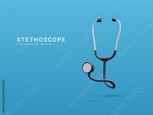 3d realistic medical stethoscope isolated on blue background. Online doctor consultation and healthcare concept. Vector illustration