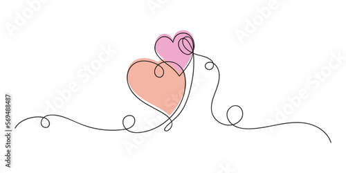 Two hearts continuous one line art drawing, valentines day concept, heart love couple outline artistic isolated vector illustration.