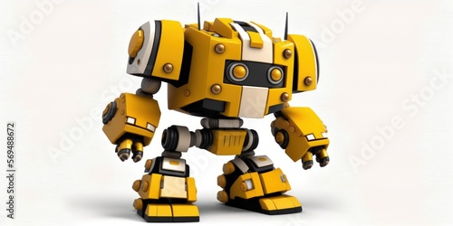 Cute, yellow, made robot on a white background with hard shadow. Generative AI