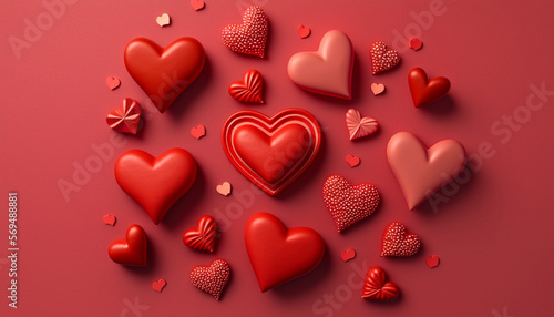 A flat lay style greeting composition featuring multiple red hearts on a Valentine's Day background.