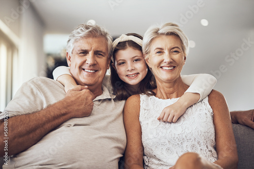 Photography Relax, portrait or grandparents hug a girl in living room bonding as a happy family in Berlin with love