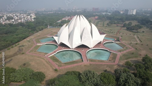 Aerial Drone shot of Lotus Temple a Buddhist temple pagoda in New Delhi,India photo