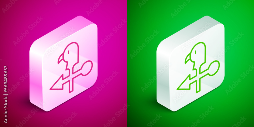 Isometric line Rooster weather vane icon isolated on pink and green background. Weathercock sign. Windvane rooster. Silver square button. Vector Isometric line Rooster weather vane icon isolated on pink and green background. Weathercock sign. Windvane rooster. Silver square button. Vector