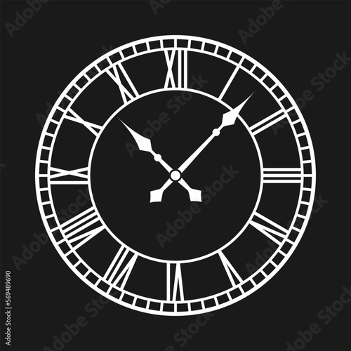 Vintage clock with Roman numerals. Antique time design. Old wall clock face design. Vector illustration.