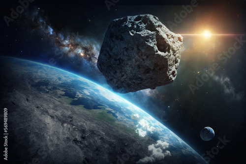 Giant Asteroid Danger Illustration. Asteroid in the space approaching Earth. Ai generated.