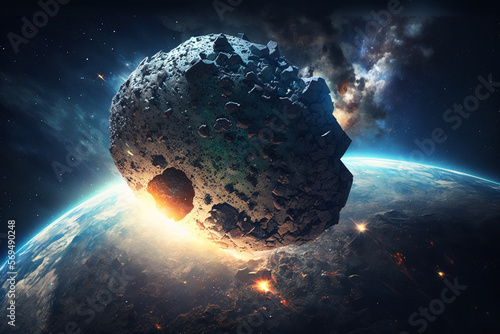 Giant Asteroid Danger Illustration. Asteroid in the space approaching Earth. Ai generated.