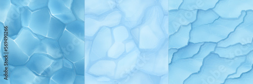 Vector cartoon crack ice game seamless background texture set. Winter asset surface gui kit. Isolated square frozen top view ground piece. Brocken hockey field pattern. Blue clean ice illustration.