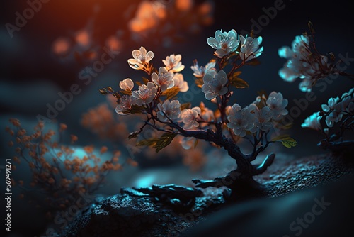 Gorgeous spring tree branch flowers backdrop with blooming twig in on sunlight rays background. Shallow depth of field. © Ara Hovhannisyan