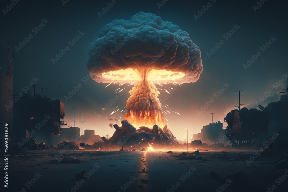 Nuclear explosion in a city. Generative Ai art. Buildings collapsing