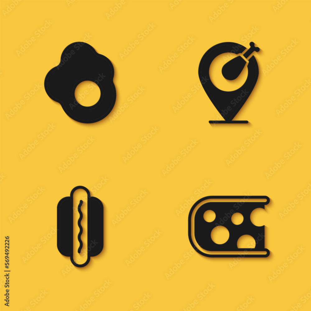 Set Scrambled egg, Cheese, Hotdog and Chicken leg icon with long shadow. Vector Set Scrambled egg, Cheese, Hotdog and Chicken leg icon with long shadow. Vector