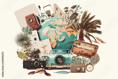 Tourism and travel concept, collage on white background. Generative AI illustration. photo