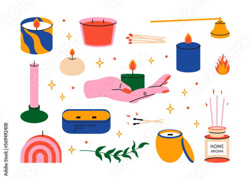 Cartoon candles various shapes. Scented candle wick fire matches aroma sticks, flat icon collection. Vector isolated set