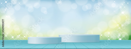 Spring background,Display studio with 3d podium on blue wood texture with nature bokeh light,Vector Backdrop Step stand on table top with blurry light effect.Spring,Summer product presentation concept