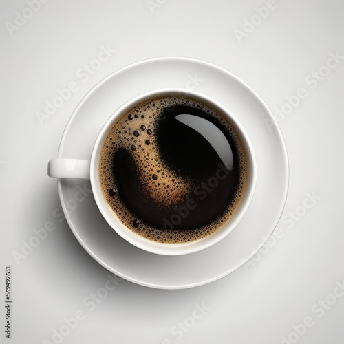 white coffee cup / mug with hot black coffee, isolated design element, top view / flat lay frothy 
for breakfast washer plate ground roast Generative AI