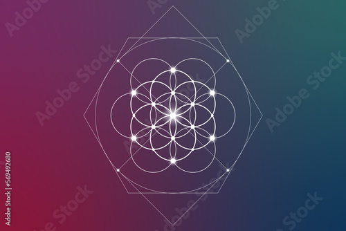 Flower of life. Tree of life. Sacred geometry spiritual new age futuristic illustration with transmutation interlocking circles, triangles and glowing particles