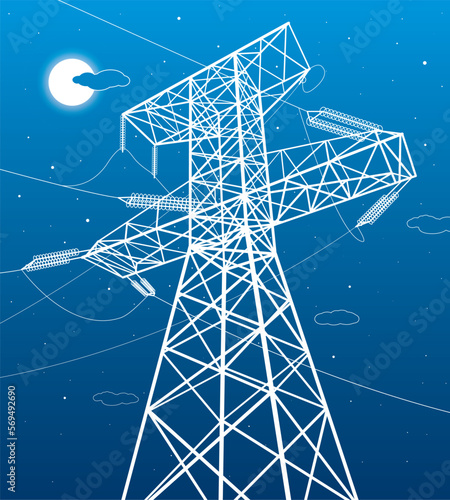 High voltage transmission systems. Electric pole. Energy pylons. Power lines. A network of interconnected electrical. White otlines on blue background. Vector design illustration