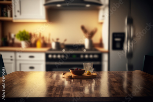 Empty wooden table with bokeh image of kitchen. Generative AI illustration.