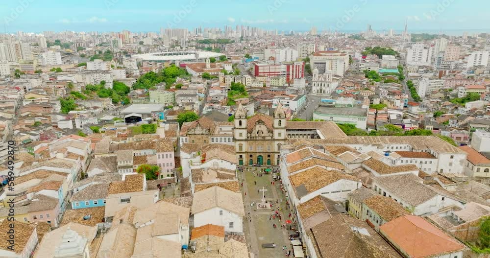 Aerial top view cityscape downtown district of Salvador City in Bahia, Brazil. Panoramic Drone shot landscape of Pelourinho a historic building built by the Portugueses during the colonial period. Aerial top view cityscape downtown district of Salvador City in Bahia, Brazil. Panoramic Drone shot landscape of Pelourinho a historic building built by the Portugueses during the colonial period.