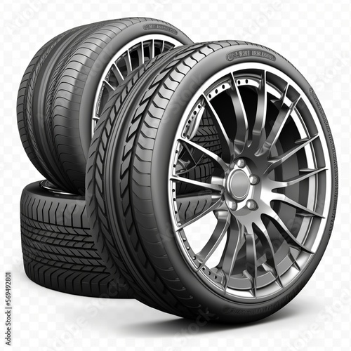Car tires with a great profile in the car repair shop. Set of summer or winter tyres in front of white fond. On transparent PNG background black tire manufacturing dial four seasons Generative AI  photo