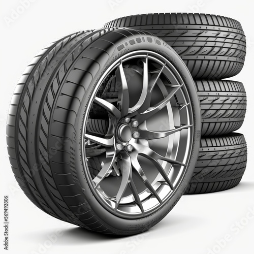 Car tires with a great profile in the car repair shop. Set of summer or winter tyres in front of white fond. On transparent PNG background black tire manufacturing dial ribbed four Generative AI
