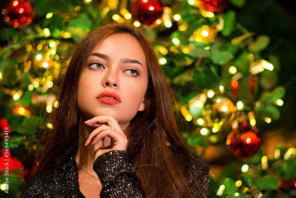 female with a christmas background, christmas fashion, brown hair fema female with a christmas background, christmas fashion, brown hair fema