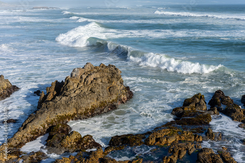 Rocky atlantic ocean shoreline. Hermanus, Whale Coast, Overberg, Western Cape, South Africa.