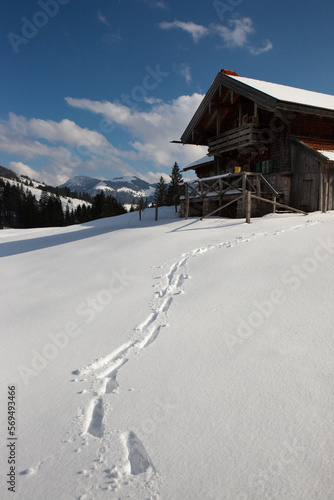 wooden little cabin in the snow