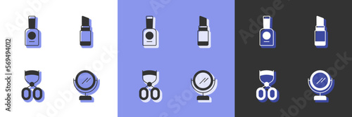 Set Round makeup mirror, Bottle of nail polish, Eyelash curler and Lipstick icon. Vector