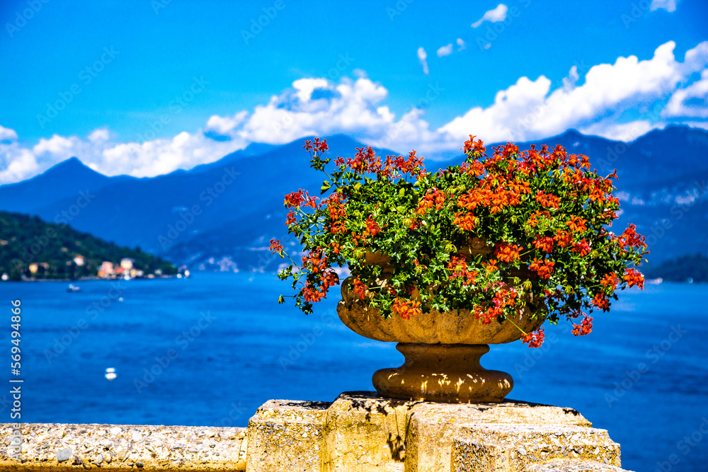 Fototapeta premium View of Villa del Balbianello overlooking Lake Como in Lenno, Lombardy, Italy