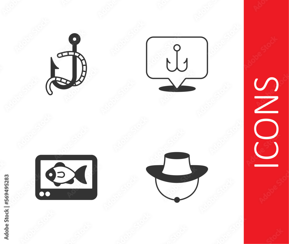 Set Fisherman hat, Fishing hook and worm, finder echo sounder and icon. Vector Set Fisherman hat, Fishing hook and worm, finder echo sounder and icon. Vector