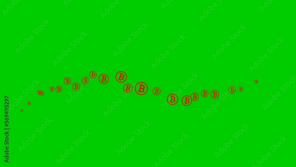 Animated red bitcoin coins fly from left to right. A wave with flying money. Concept of business, cryptocurrency, finance. Vector illustration isolated on the green background. Animated red bitcoin coins fly from left to right. A wave with flying money. Concept of business, cryptocurrency, finance. Vector illustration isolated on the green background.