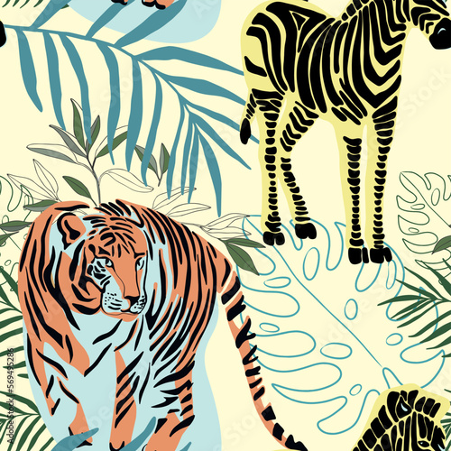 Tigers and zebra seamless pattern with tropical leaves background Vector 