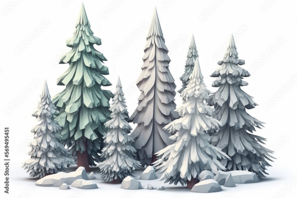 group of spruce trees covered in snow and frozen, isolated on white. Generative AI