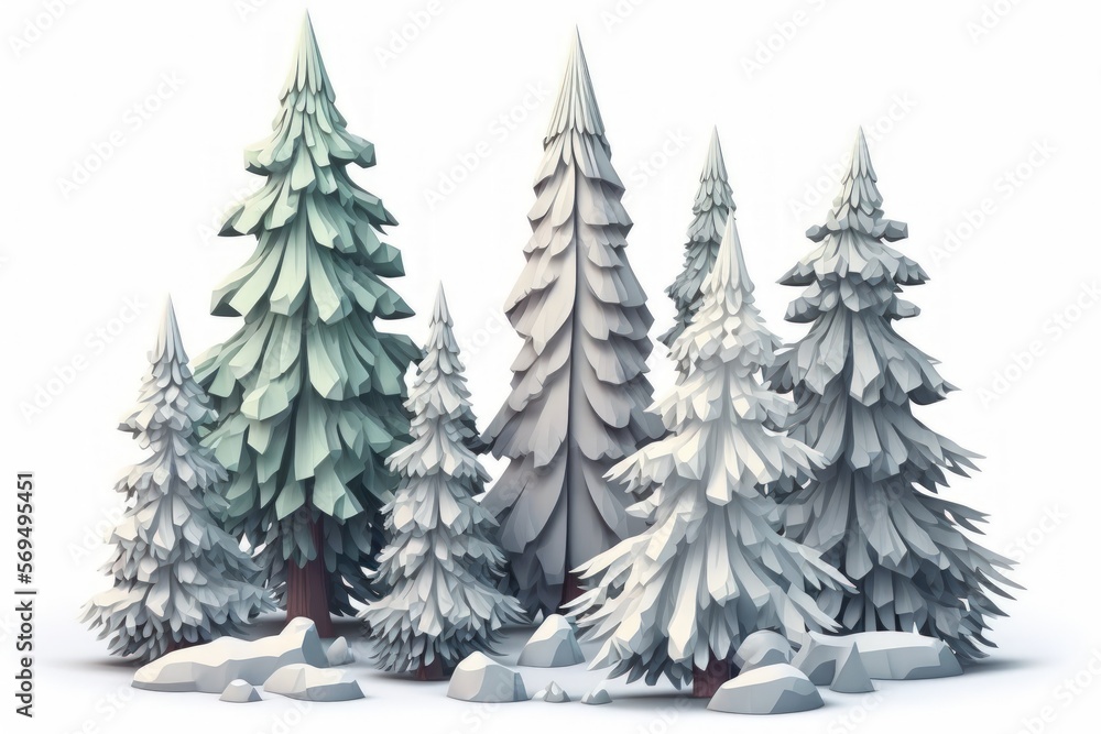 Obraz premium group of spruce trees covered in snow and frozen, isolated on white. Generative AI