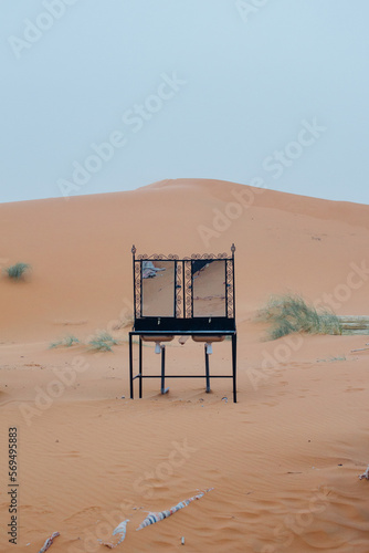 Vanity with sink and mirrors in the middle of the desert in Merzouga, Morocco