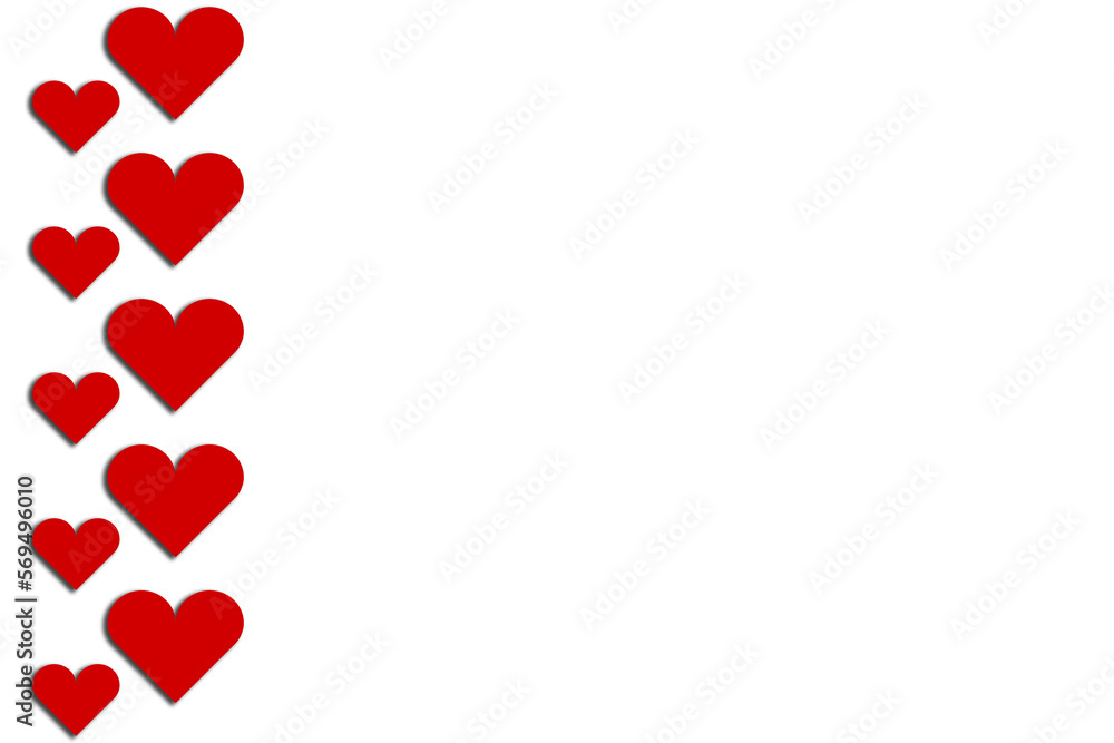 different sized hearts placed as a watermark , red, uniform colored hearts on a neutral white background.