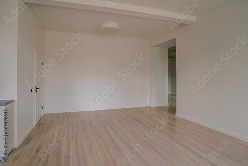Classical empty room interior. The rooms have wooden floors and gray walls  decorate with white moulding there are white window looking out to the nature view.
