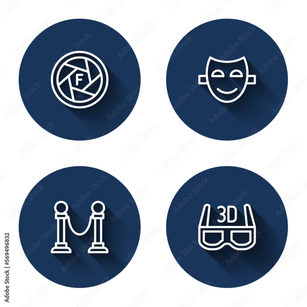 Set line Camera shutter, Comedy theatrical mask, Rope barrier and 3D cinema glasses with long shadow. Blue circle button. Vector Set line Camera shutter, Comedy theatrical mask, Rope barrier and 3D cinema glasses with long shadow. Blue circle button. Vector