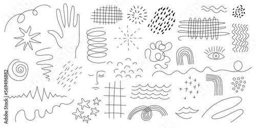 Set of hand-drawn various linear shapes and doodles of objects. Abstract graphic elements isolated on white. Vector lines, strokes, swirls, stars, eye, face, waves in black color.
