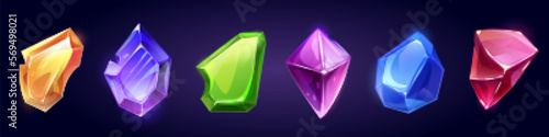 Game gemstone, magic jewel crystal or diamond icon, sapphire and amethyst, ruby and emerald treasure, royal precious gem. Fantasy cartoon gui trophy with texture, isolated set