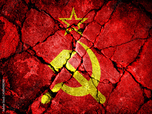 The broken cement block merged with the Soviet Union flag. Symbol of disintegration