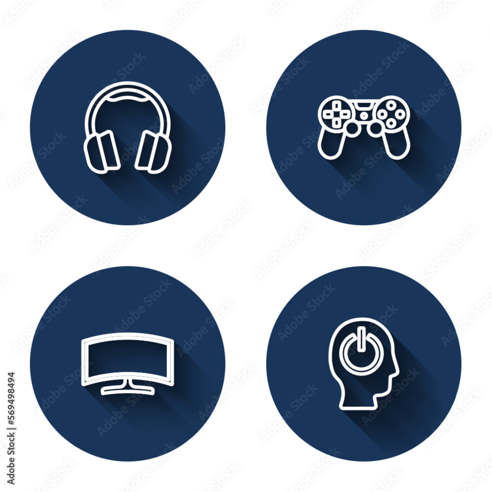 Set line Headphones, Game controller or joystick, Computer monitor and Power button with long shadow. Blue circle button. Vector