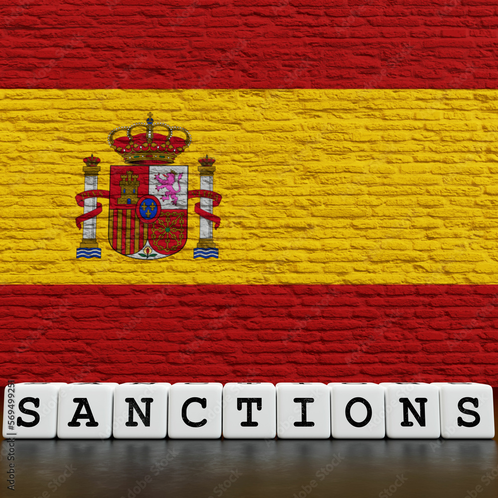 Spain Flag on Bricks Wall With Sanctions