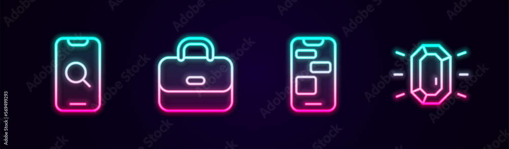 Set line Magnifying glass and mobile, Briefcase, Mobile 24 hours support and Diamond. Glowing neon icon. Vector Set line Magnifying glass and mobile, Briefcase, Mobile 24 hours support and Diamond. Glowing neon icon. Vector