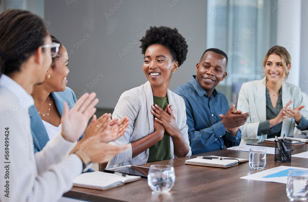 Black woman, success or applause of business people in a meeting for winner of sales target or goals. Support, thank you or happy African worker with pride or smile after job promotion or achievement - obrazy, fototapety, plakaty 