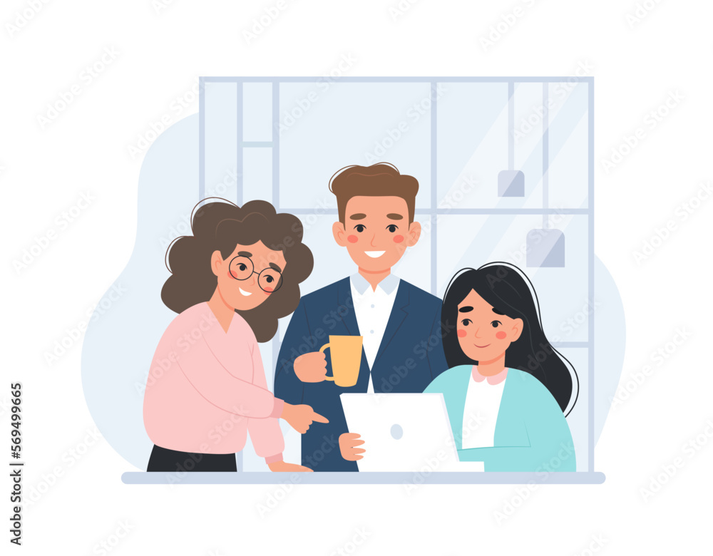 Office workers at meeting, business conversation or presentation, discussing ideas in team. Male and female characters, vector concept illustration in flat cartoon style Office workers at meeting, business conversation or presentation, discussing ideas in team. Male and female characters, vector concept illustration in flat cartoon style