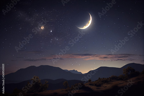 Leinwand Poster A beautiful, clear night sky with a crescent moon and stars - Generative AI